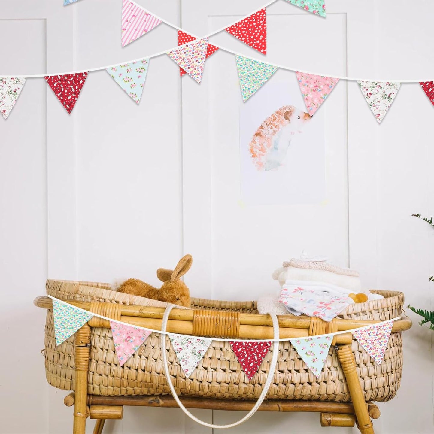 G2PLUS 39Ft Triangle Bunting Banner, 42Pcs Pink Floral Garland Pennant Banner, Reusable Cotton Triangle Flags Party Decoration for Birthday, Wedding, Garden Tea Party, Baby Shower, Room Decor