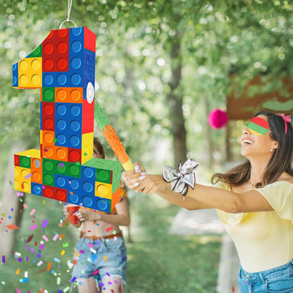 Number 7 Pinata Building Blocks with Pinata Stick Blindfold 7th Birthday Party Decorations Happy Birthday Building Block Theme Anniversary Party Supplies for Kids (Small, 16 x 10.6 x 3 in)