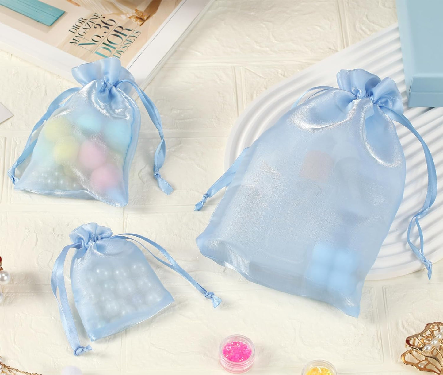 QIANF 20 Pcs Peacock Blue Small Organza Bags 3X4 inch for Wedding Favors with Drawstring, Mini Mesh Gift Bags Jewelry Pouch for Candy Bridal Shower Party Favor Baby Shower Christmas