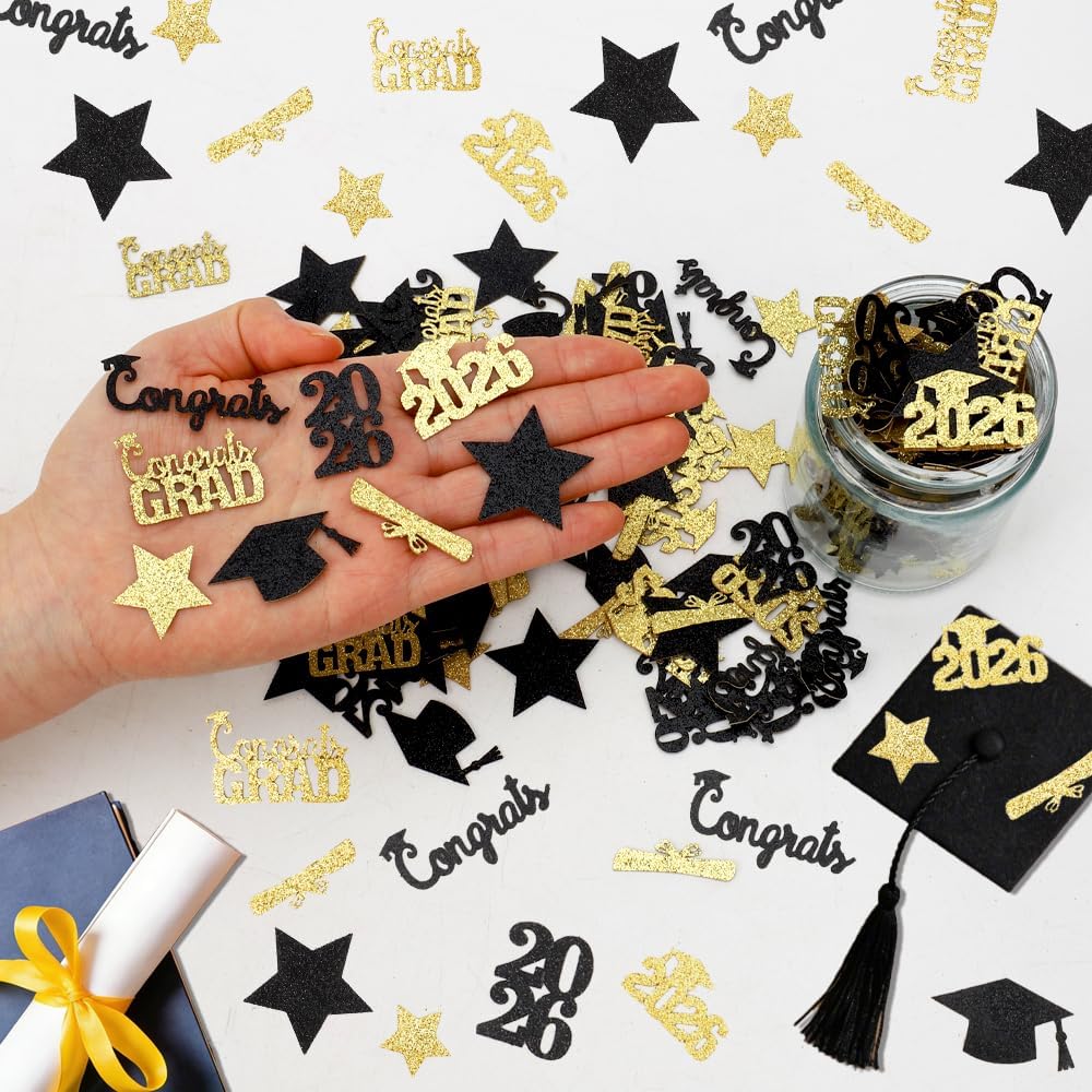 Black Gold Graduation Confetti Class of 2026 Black Graduation Cap, 200Pcs Glitter Stars Confetti Sprinkles, Table Congrats Grad Confetti for Graduation Party Table Decorations