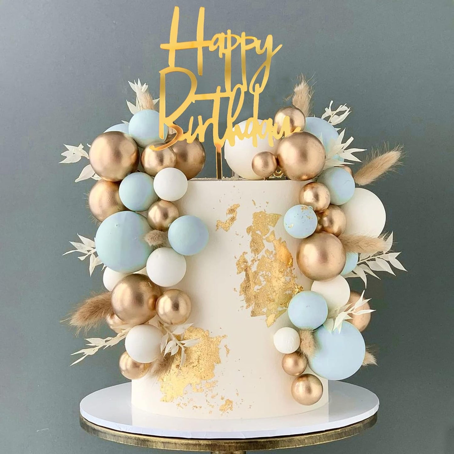 Khaki Balls Cake Topper Boho Grass Cake topper Khaki White Gold Pearl Balls Happy Birthday Cake Decorations for Wedding Birthday Boho Themed Supplies (Khaki)