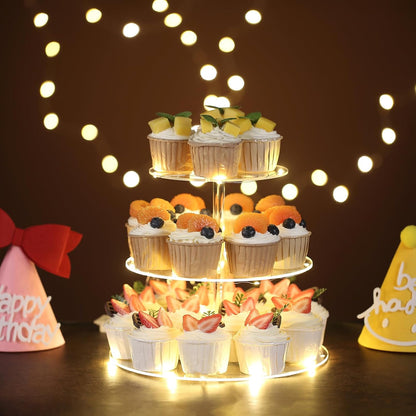 HENABLE 3 Tier Cupcake Stand Cupcake Holder, Acrylic Cupcake Tower with LED Yellow Light for 24 Cupcakes, Dessert Table Display Set for Birthday, Bar, Decor Weddings, Parties Events