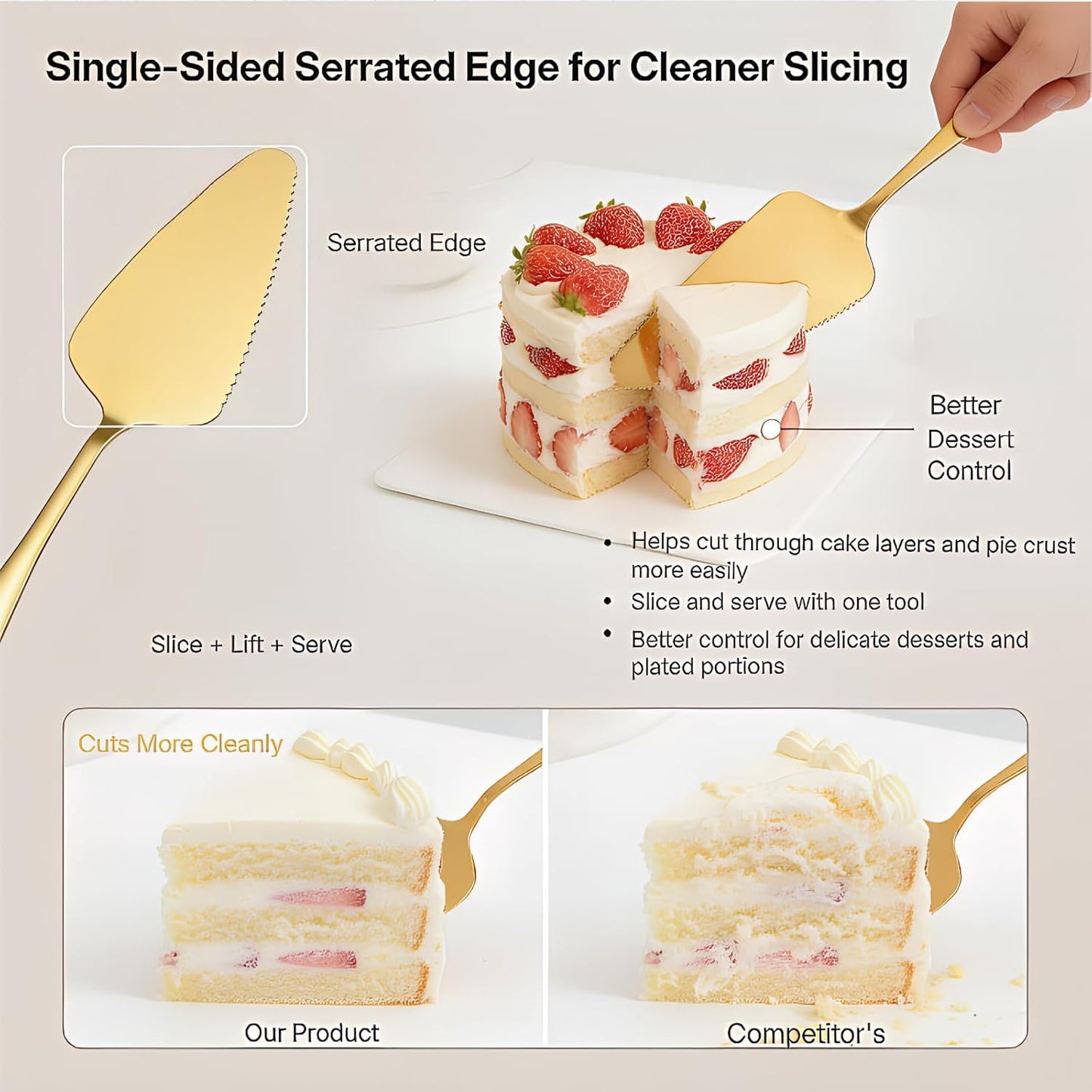 2 PCS Gold Cake Server Set, Stainless Steel Serrated Pie Cutter and Server with Mirror Finish for Wedding, Party, Dessert Buffet, Banquet - 8.9 Inch Elegant Serving Tools