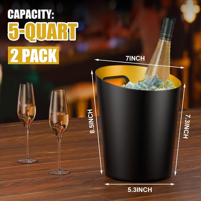 MorningRo 2 Pcs 5 Quart Black Champagne Ice Bucket 4.7 L Metal Doublewall Hammered Stainless Steel Wine Beer Chiller Home Bar Accessories for Football Sports Wedding Party Summer BBQ (Beveled Mouth)