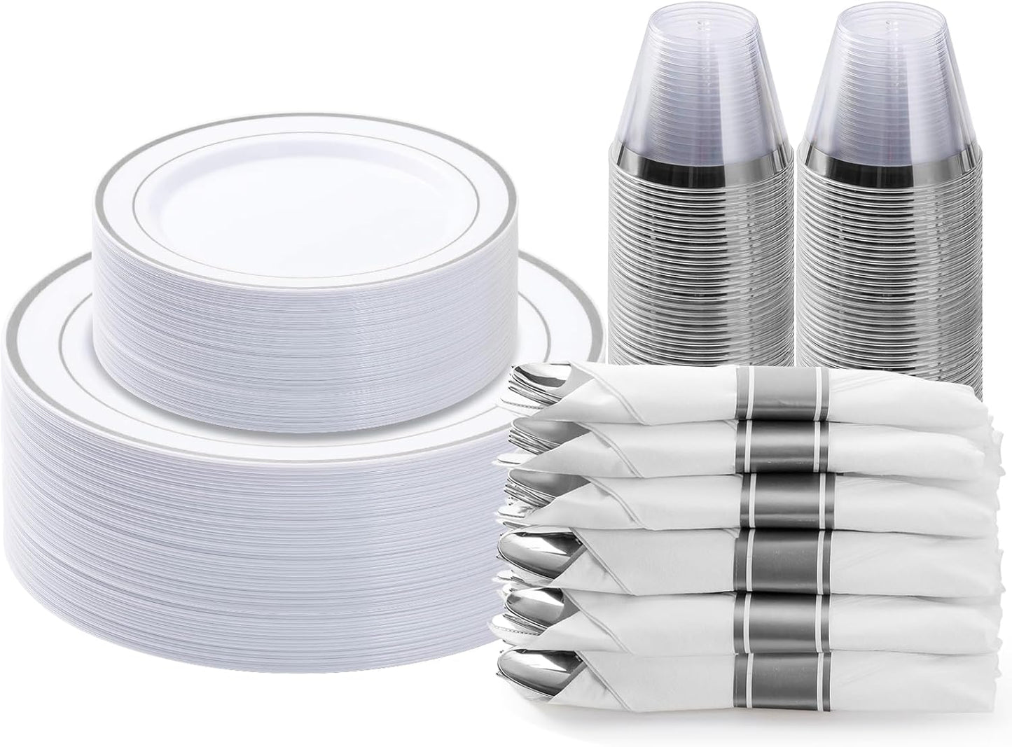 BESTVIP 350PCS Gold Plastic Dinnerware Set, Disposable Party Plates for 50 Guests, Include: 100 Plastic Plates, 50 Pre Rolled Napkins with Gold Silverware, 50 Cups