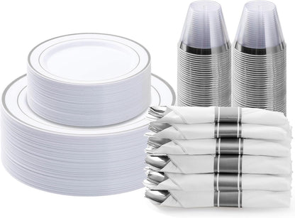 BESTVIP 350PCS Gold Plastic Dinnerware Set, Disposable Party Plates for 50 Guests, Include: 100 Plastic Plates, 50 Pre Rolled Napkins with Gold Silverware, 50 Cups