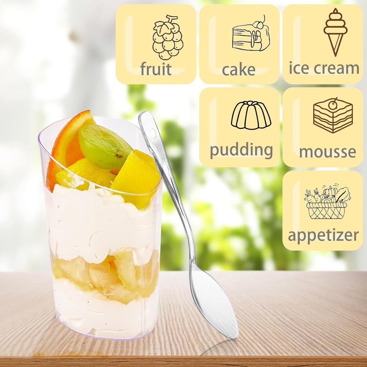 50 Pack Mini Dessert Cups with Spoons, 3 oz Clear Plastic Parfait Appetizer Cups, Small Reusable Shooter Serving bowls for Tasting, Slanted Triangle Dessert Shot Glasses