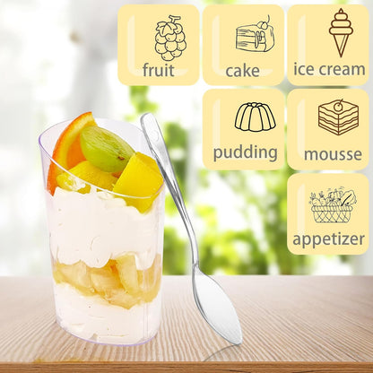 50 Pack Mini Dessert Cups with Spoons, 3 oz Clear Plastic Parfait Appetizer Cups, Small Reusable Shooter Serving bowls for Tasting, Slanted Triangle Dessert Shot Glasses