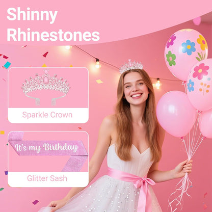 Birthday Tiara and Crown with Sash, Birthday Tiara for Women Party Silver
