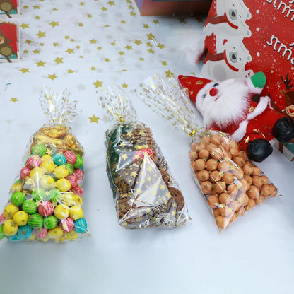 100 Pcs Star Printed 5"X 7" Gift Wrap Cello Cellophane Treat Bags Party Favor bags Clear Candy Cookie Bag Plastic Poly Goodie Storage Bag with Twist Ties for Bakery,Birthday, Wedding ,Party Decorations (Gold)