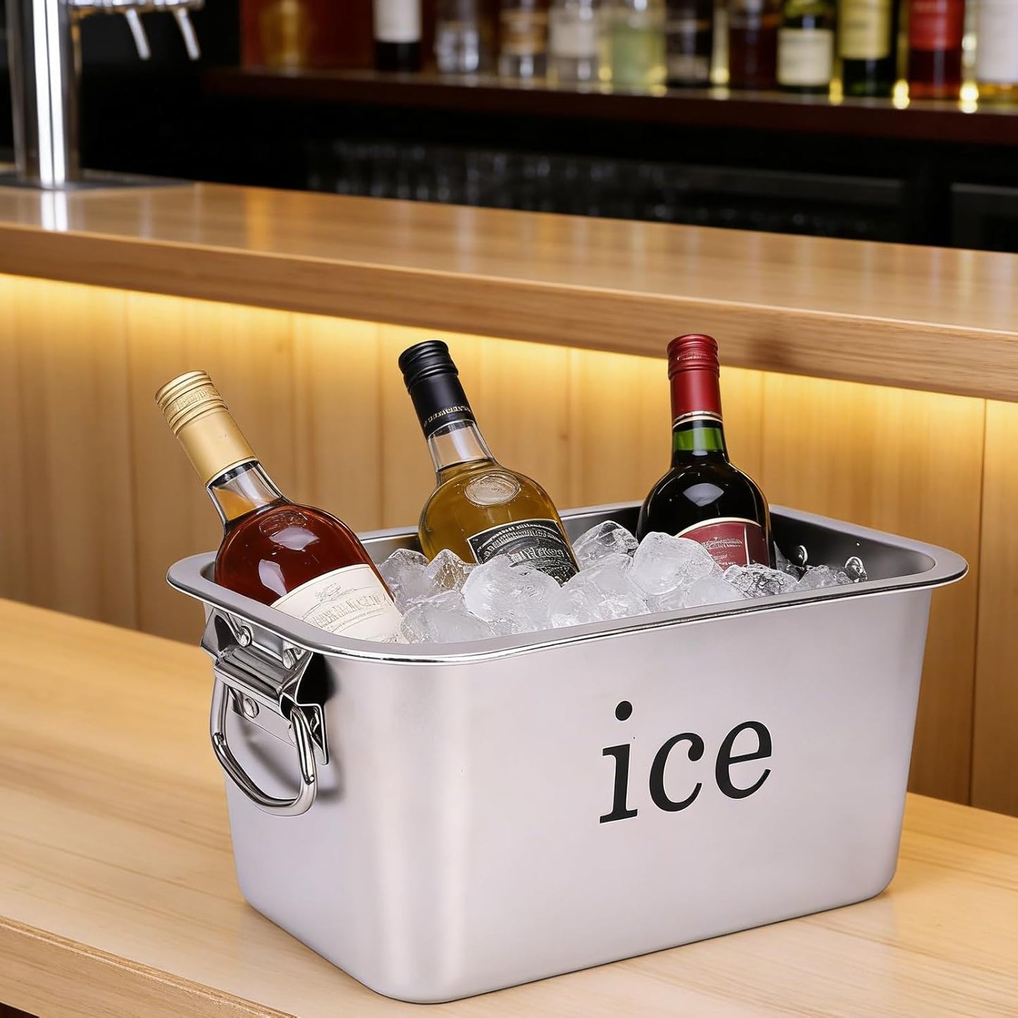 Ice Bucket Large-Capacity Stainless Steel Champagne Bucket Party Tabletop Double-Handle Drink Cooler, Beverage Chiller for Wine, Beer, Soda and Bottles in Bar, Patio or Kitchen, Cocktail Entertaining