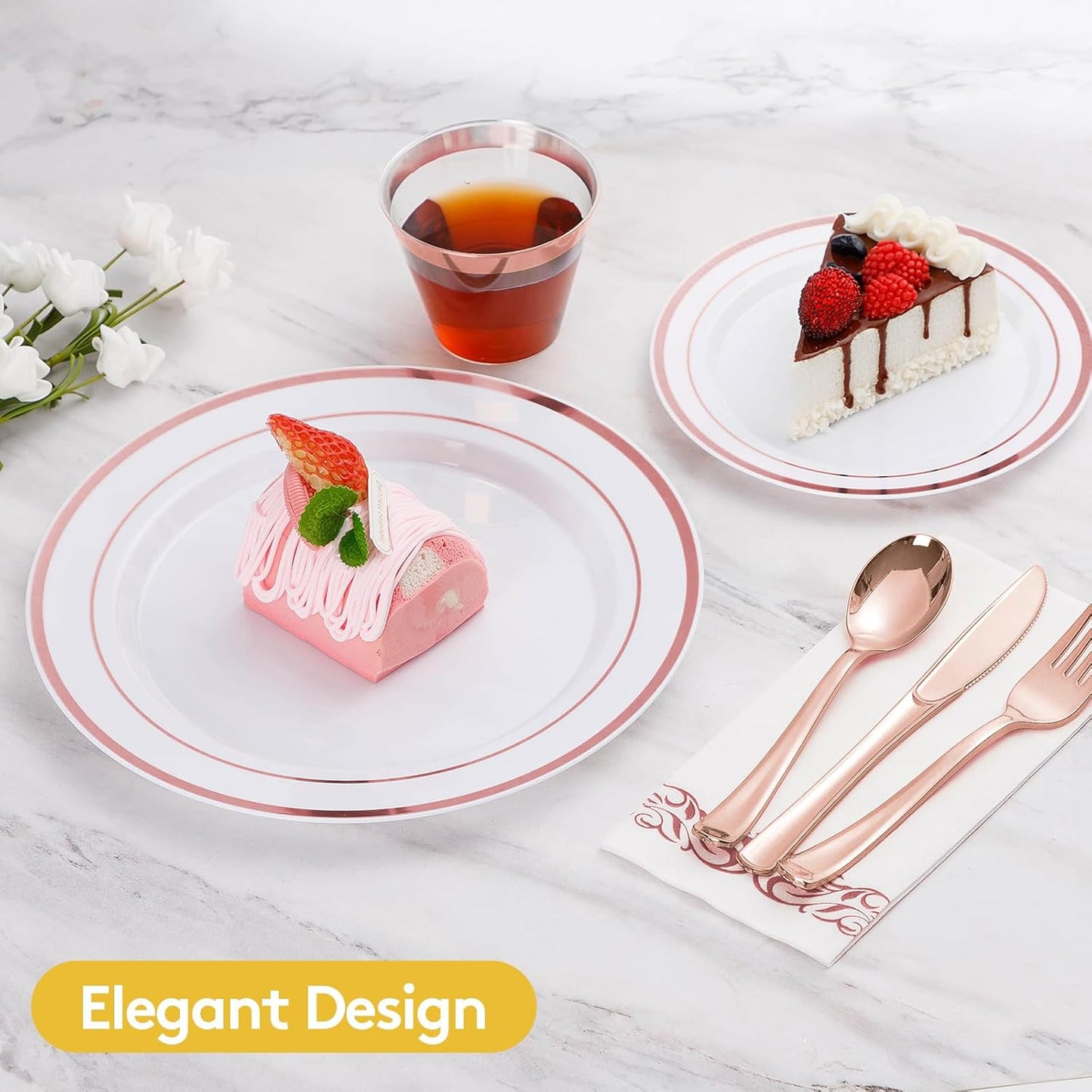 Goodluck 350 Pieces Gold Dinnerware Set for 50 Guests, Plastic Plates Disposable for Party, Include: 50 Gold Rim Dinner Plates, 50 Dessert Plates, 50 Paper Napkins, 50 Cups, 50 Gold Silverware Set
