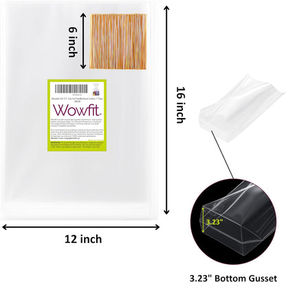 Wowfit 50 CT 8x11 inches Clear Bottom Gusset Cellophane Treat Bags with 6" Gold Twist Ties, Cello Packaging for Mugs, Dessert, Muffins, Party Favors and Gift Wrapping
