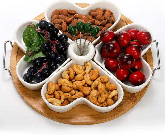 ZEAYEA 11 Inch Appetizer Serving Tray with Holder, Ceramic Divided Serving Platter with Food Picks for Christmas, Relish Tray for Chips and Dip, Veggies, Candy and Snacks, Parties, White
