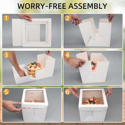 10 Pack Cake Boxes,Tall Cake Box with Window, White Bakery Boxes, 8x8x8 Inch Large Baking Boxes with Sticker, Cardboard Cake Box for Multi-Layer Cakes, Cake Decorating Supplies for Gift Giving