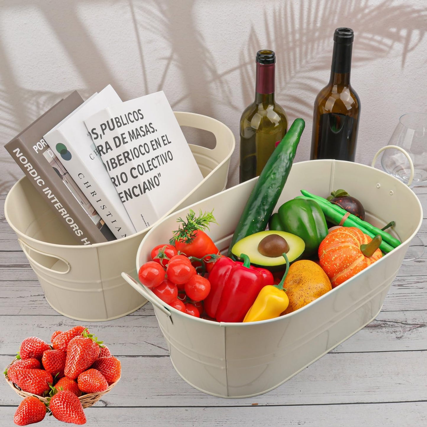 3 PCS 15.3 x 9 x 6 inches White Metal Galvanized Tub with Iron Handles, 3 Gallon Beverage Tubs for Parties, Large Ice Buckets for Beer, Wine, Cocktails & Outdoor Events