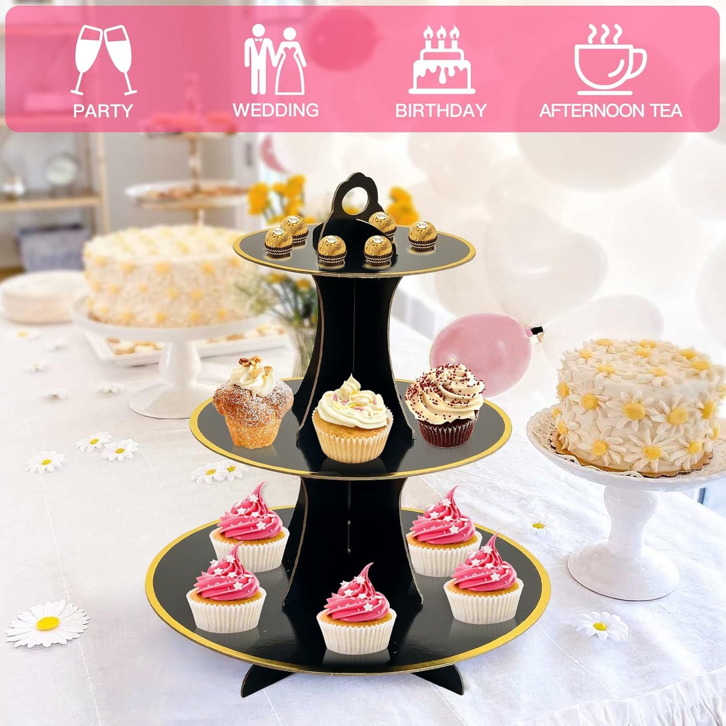 Soleebee 3-Tier Round Cupcake Stand, Cardboard Cupcake Tower, Dessert Cup Cake Stand Tower for Birthday Wedding Party Decoration, Cupcake Tier Stand 1 Set (Hot Pink)