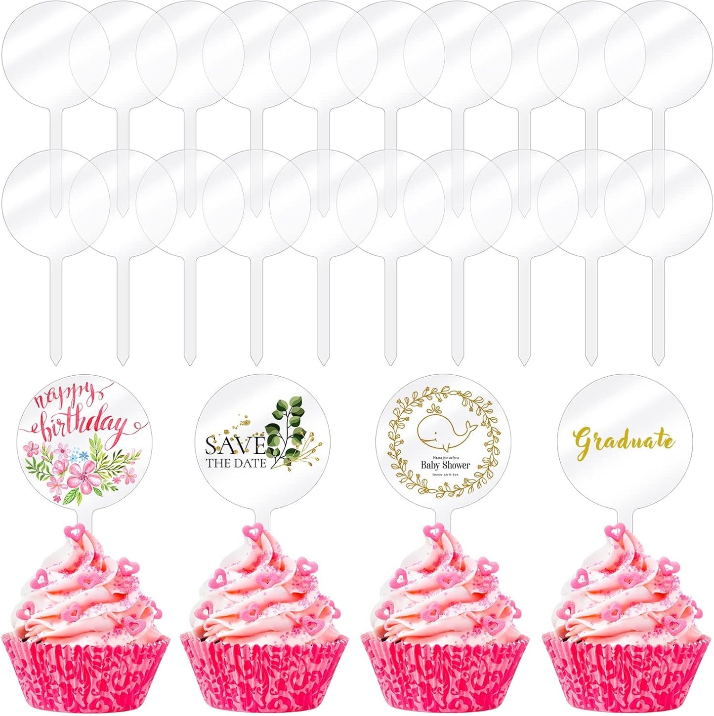 Chunful 30 Pack 2 Inch Circle Acrylic Custom Cupcake Topper, DIY Clear Blank Cake Personalized Cupcake Topper with Sticks for Birthday Party, Graduation, Wedding, Mother's, Baby Shower Cake Decoration