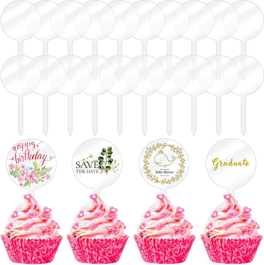 Chunful 30 Pack 2 Inch Circle Acrylic Custom Cupcake Topper, DIY Clear Blank Cake Personalized Cupcake Topper with Sticks for Birthday Party, Graduation, Wedding, Mother's, Baby Shower Cake Decoration