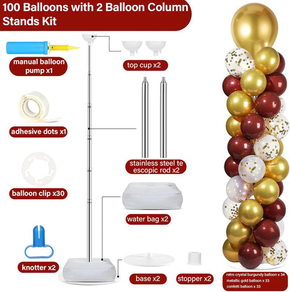 2 Set Black and Gold Balloons Column Stand Kit with 100 Balloons Adjustable Balloon Stand with Bases for Floor Black Gold Confetti Balloon Column Kit for Bridal Shower Valentine Birthday Party Decor