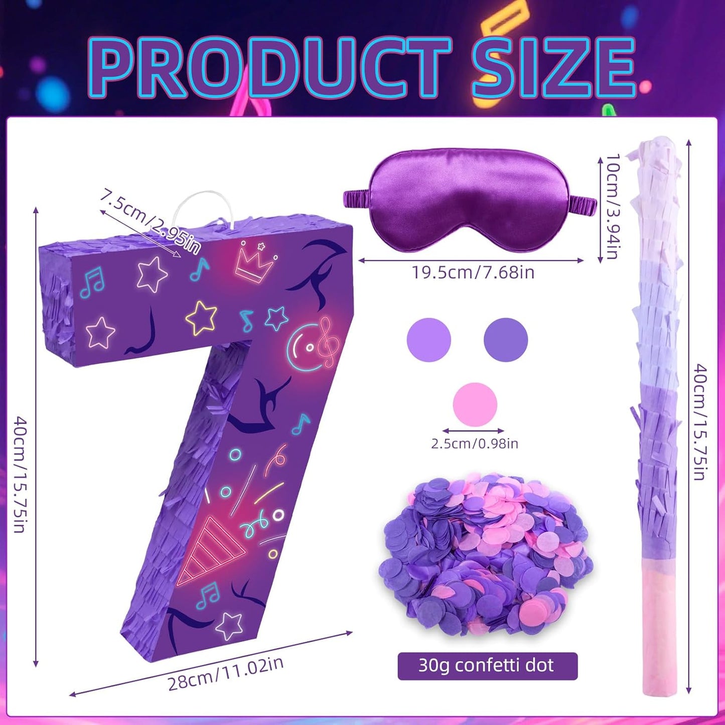 Musical Note Birthday Decorations, 15.7 x 11.5 x 3 Inch Purple Musical Note Number 7 Pinata with 16 Inch Piñata Stick Blindfold Confetti for 7th Music Theme Birthday Party Supplie