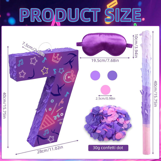 Musical Note Birthday Decorations, 15.7 x 11.5 x 3 Inch Purple Musical Note Number 7 Pinata with 16 Inch Piñata Stick Blindfold Confetti for 7th Music Theme Birthday Party Supplie
