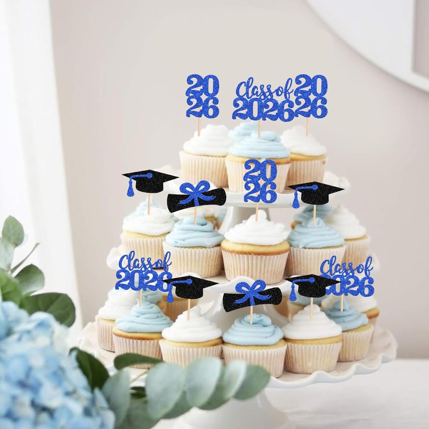 36 PCS 2026 Graduation Theme Cupcake Toppers Glitter Class of 2026 Grad Cap Diploma Cupcake Picks 2026 Graduation Theme Party Cake Decorations Supplies Deep Blue
