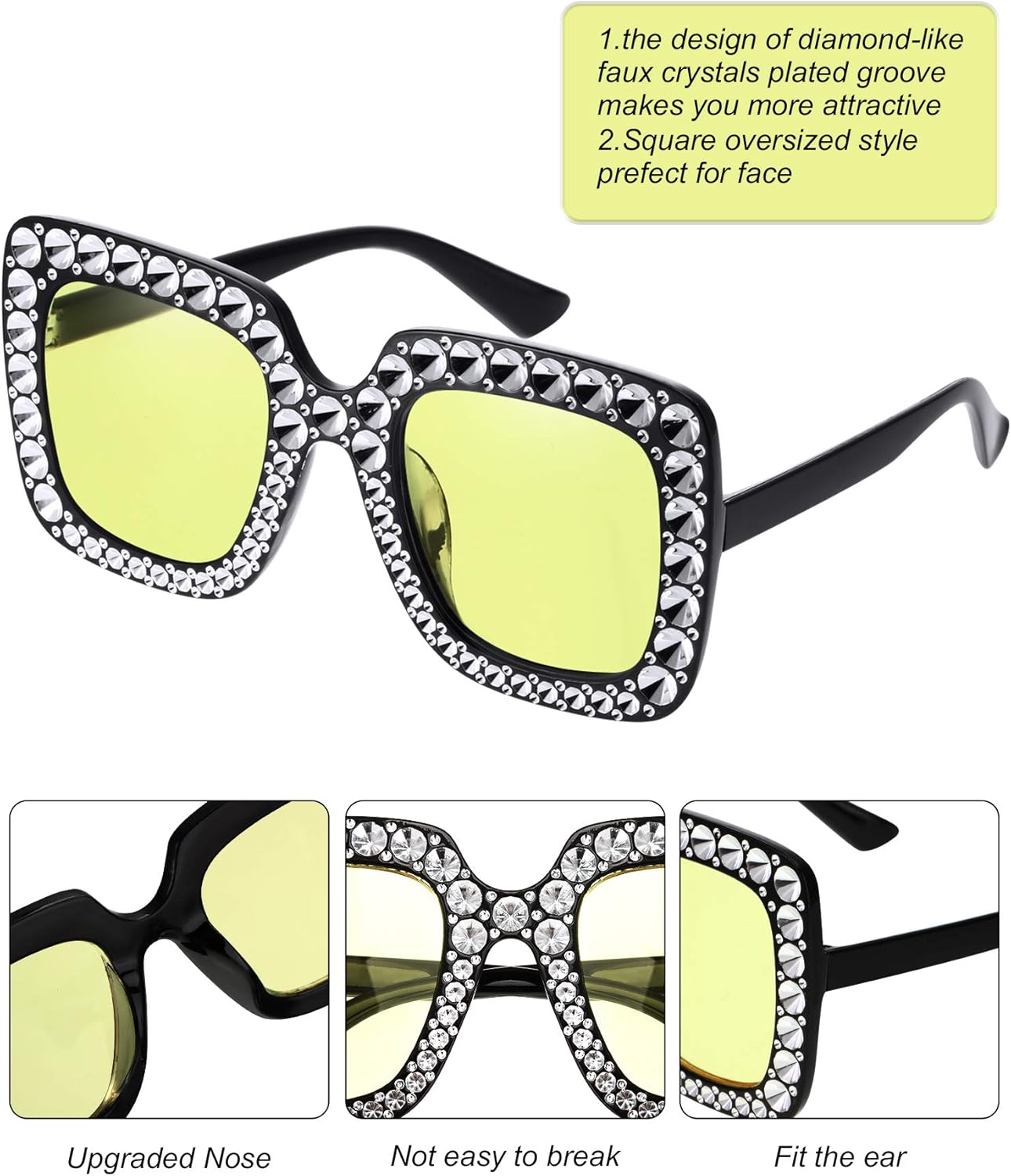 Frienda 6 Pairs Rhinestone Oversized Square Sunglasses 70s Women Dazzled Sunglasses for Disco Party Concert Photo Props
