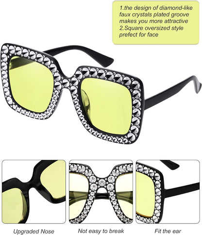 Frienda 6 Pairs Rhinestone Oversized Square Sunglasses 70s Women Dazzled Sunglasses for Disco Party Concert Photo Props