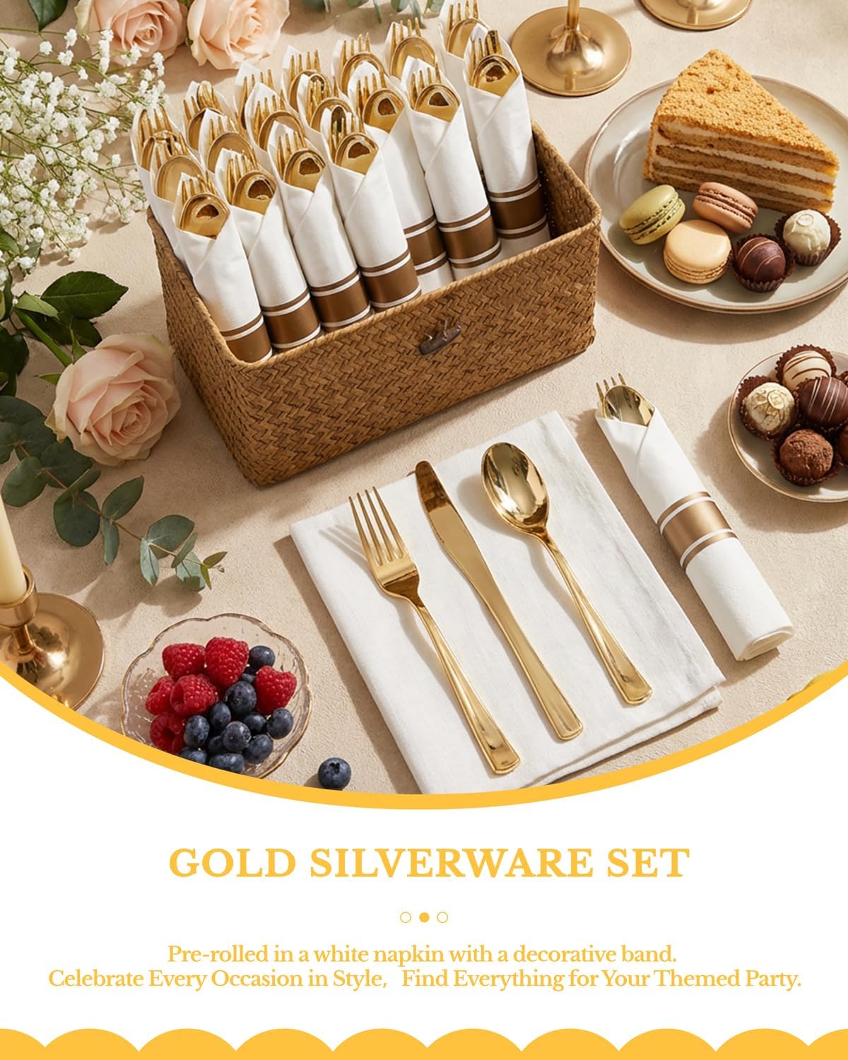 Supernal 240 Silver Plastic Silverware Set - 60 Sets Pre Rolled Napkins with Cutlery - Mirror Polished Real Look Disposable Silver Utensils- Elegant Heavy Duty Flatware for Weddings & Catering