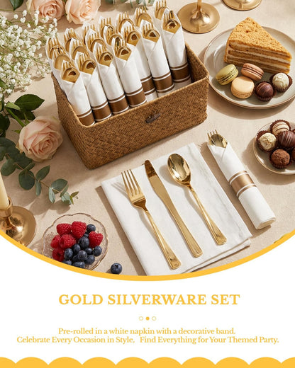 Supernal 240 Silver Plastic Silverware Set - 60 Sets Pre Rolled Napkins with Cutlery - Mirror Polished Real Look Disposable Silver Utensils- Elegant Heavy Duty Flatware for Weddings & Catering