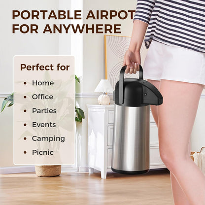 Coffee Carafe for Keeping Hot - Gezoss 102OZ / 3L Airpot Coffee Dispenser with Pump - Large Coffee Carafe for Hot Drinks Tea Liquid - Insulated Stainless Steel Hot Water Beverage Urn for Parties