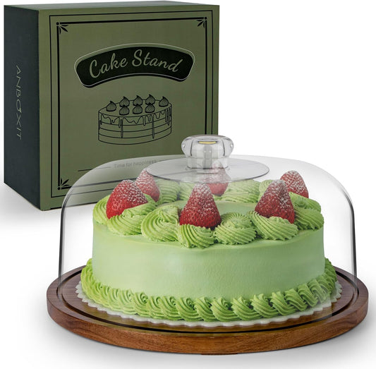 ANBOXIT Cake Stand with Dome Lid, Acacia Wood Cake Plate with Cover, Wooden Cake Display Stand with Acrylic Dome - Footed