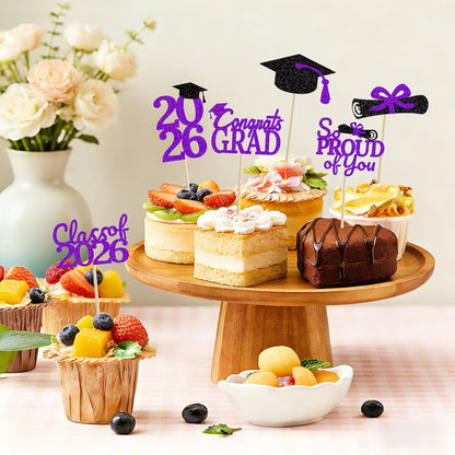 24 Pcs Graduation Cupcake Toppers 2026 - Congrats Grad Decorations Class of 2026, Pre-Assembled Black Gold Grad Cake Topper Centerpieces for Graduation Party Decoration Supplies Table Decor, 6 Styles