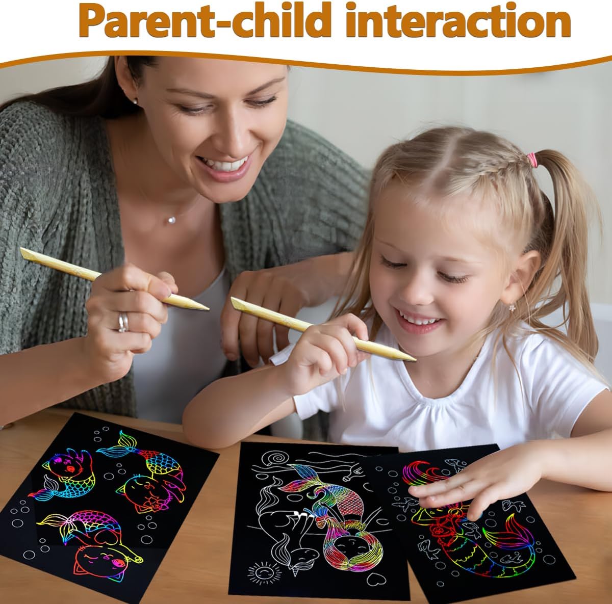BAOXUE Scratch Art for Kids, Mermaids Black Rainbow Scratch Paper Set-Arts And Crafts & Supplies, DIY Activity & Party Games, Mermaid Toys Gifts for Toddlers, Girls