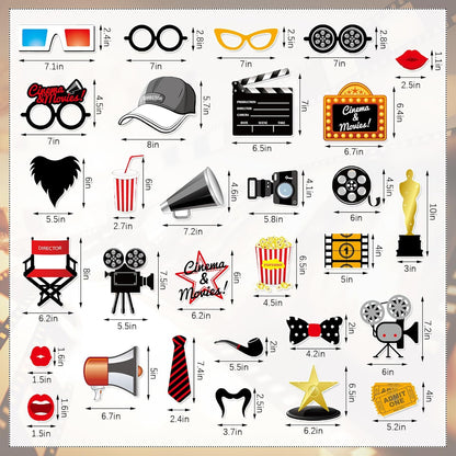 32Pcs Movie Night Photo Booth Props with 23X31Inch Plastic Picture Frame Selfie Props DIY Pictures Frame with Cutouts Stickers for Birthday Party Supplies