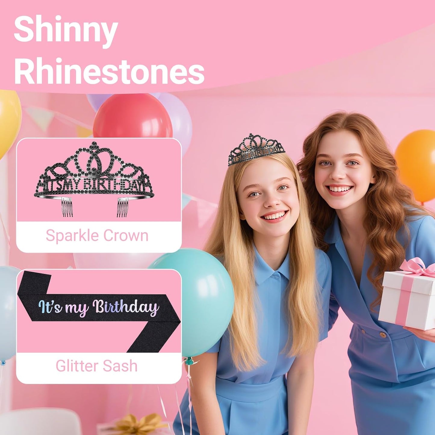 Birthday Tiara and Crown with Sash, Birthday Tiara for Women Party Silver