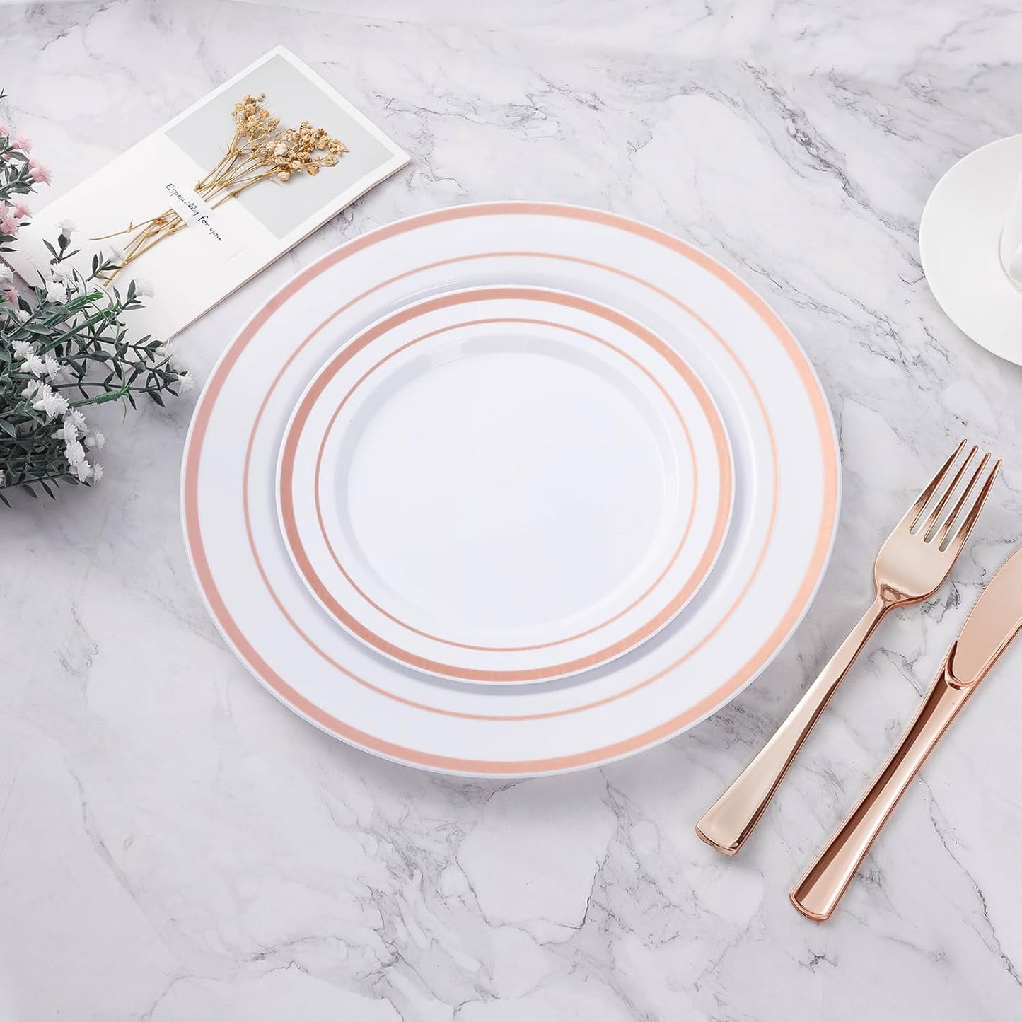 BESTVIP 200PCS Gold Plastic Plate, Disposable Party Plates with 100 Dinner Plates and 100 Dessert Plates, Plastic Plates for Party, Wedding and Birthday