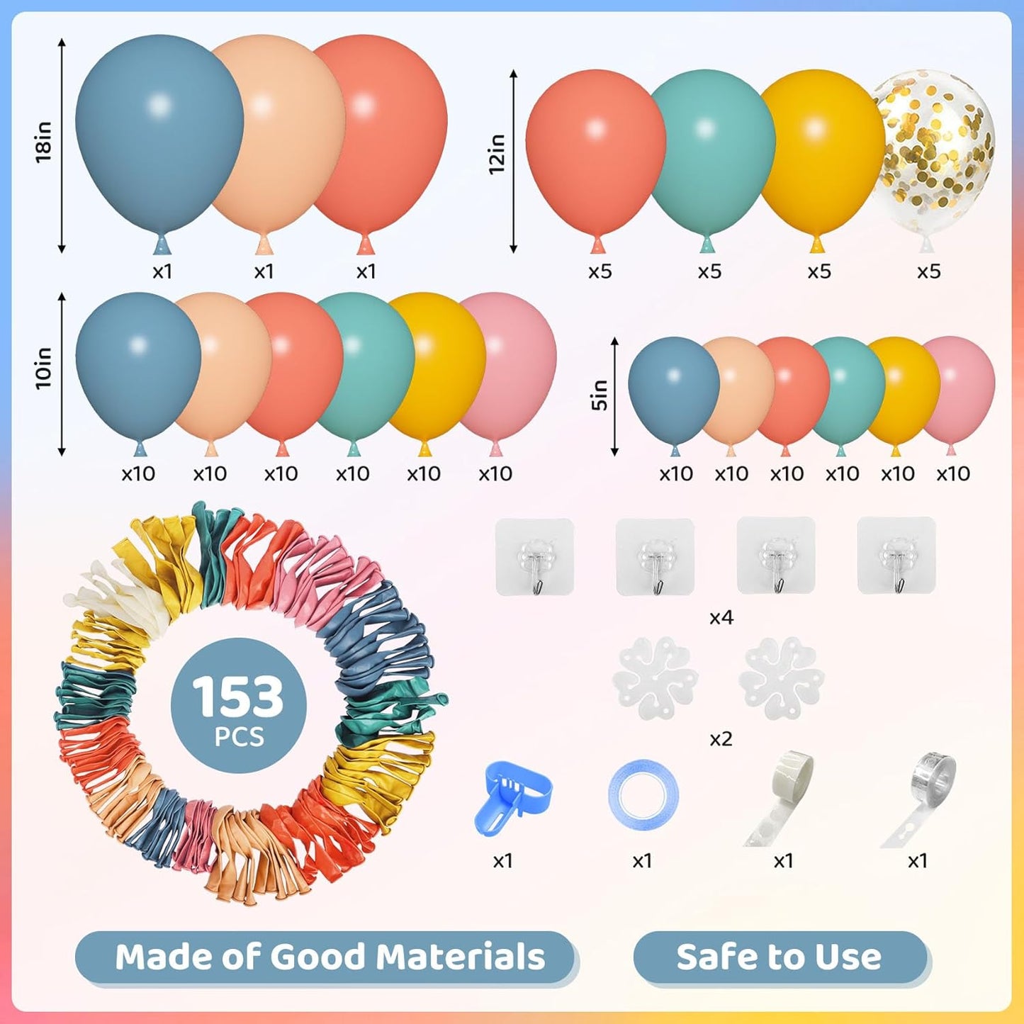 Amandir 153pcs Purple Blue Pink Balloon Garland Arch Kit, Different Sizes 18 12 10 5 inch Teal Yellow Latex Metallic Confetti Balloons for Magic Birthday Engagement Party Decoration