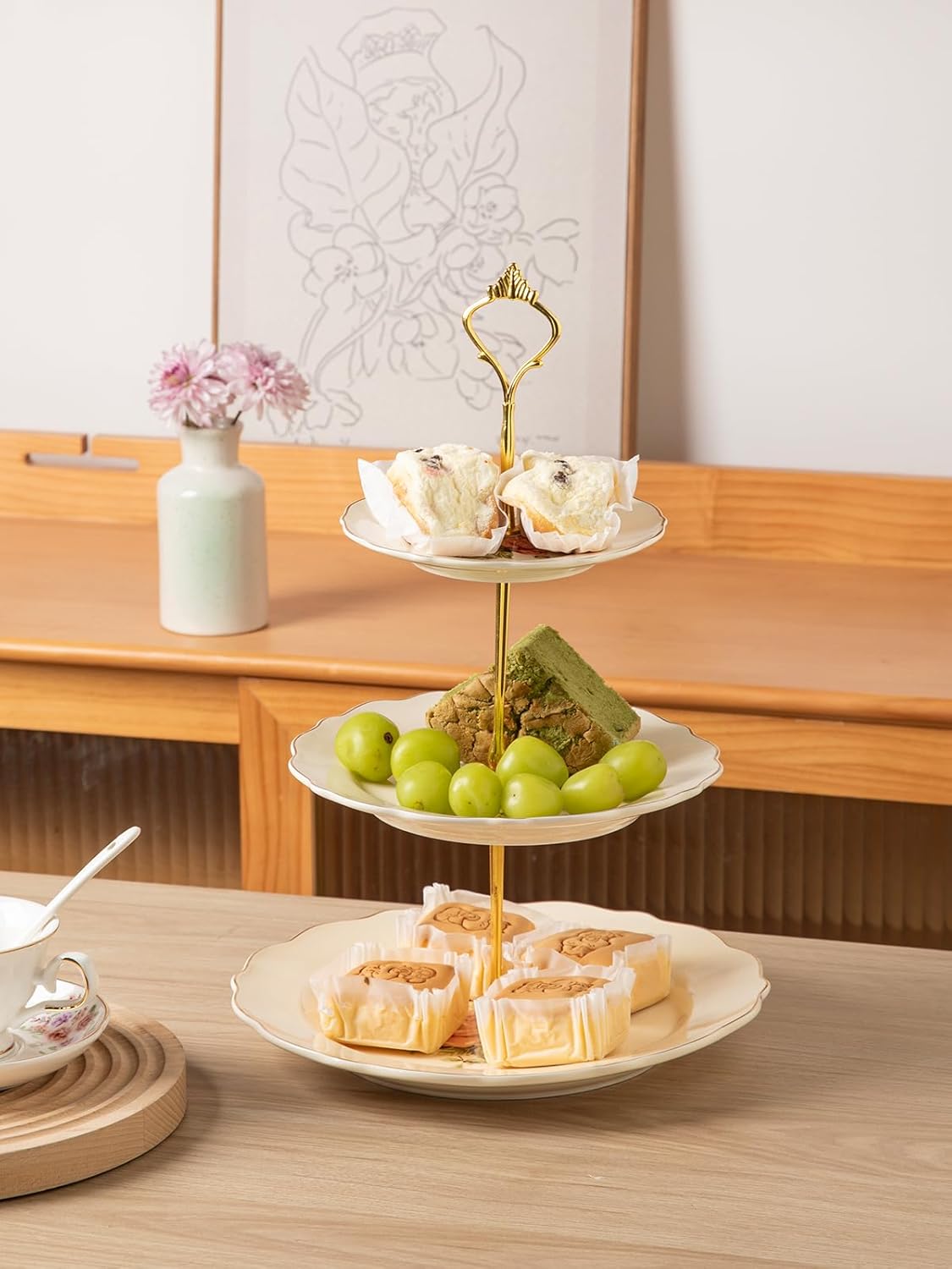 Sweejar 3 Tier Ceramic Cake Stand Wedding, Dessert Cupcake Stand for Tea Party Serving Platter (White)