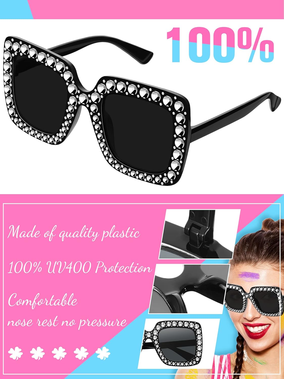 Flutesan 12 Pairs Women Disco Sunglasses Crystal Oversized Sunglasses 70s Rhinestone Diamond Retro Glasses for Rave Festival