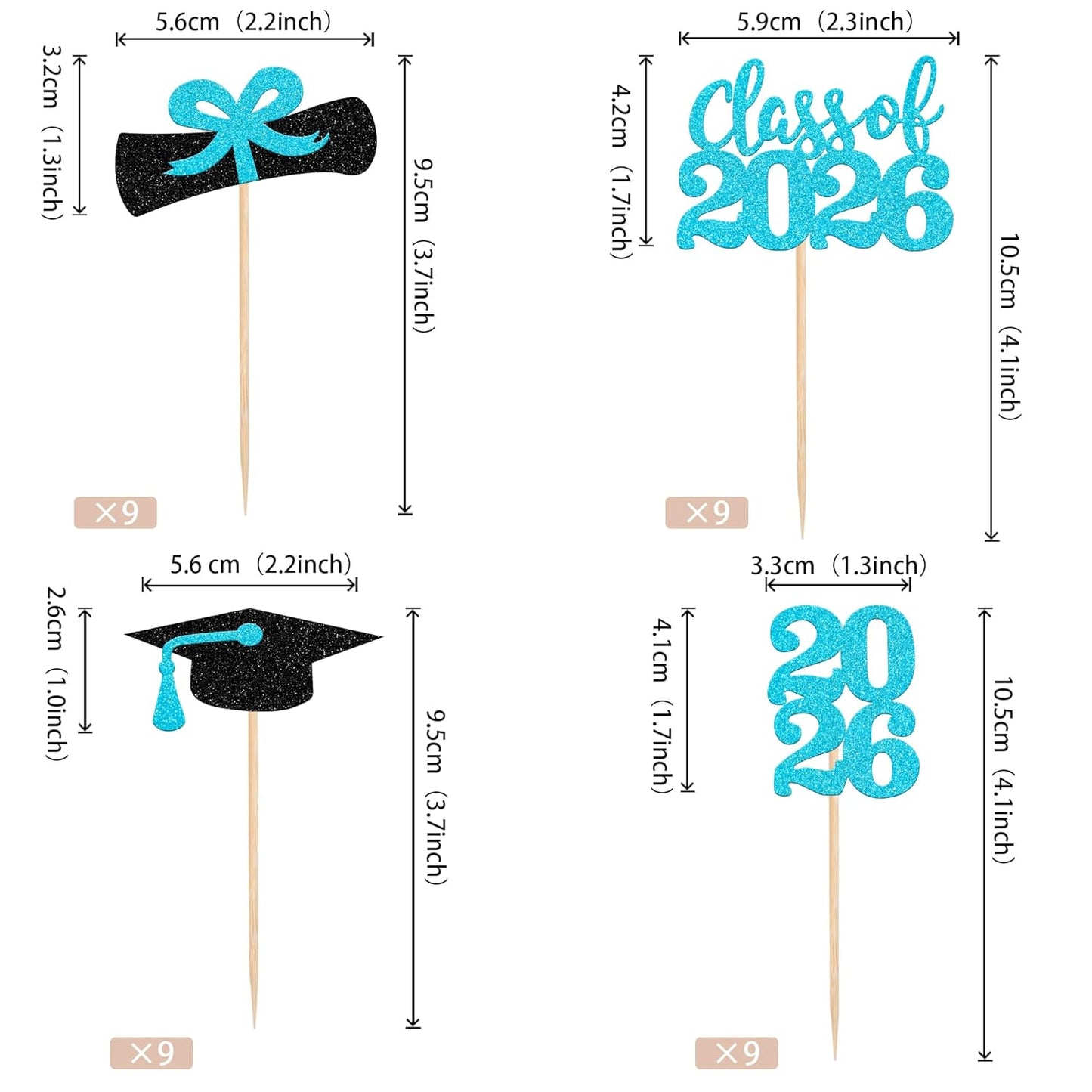 36 PCS 2026 Graduation Theme Cupcake Toppers Glitter Class of 2026 Grad Cap Diploma Cupcake Picks 2026 Graduation Theme Party Cake Decorations Supplies Deep Blue