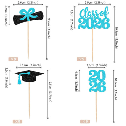 36 PCS 2026 Graduation Theme Cupcake Toppers Glitter Class of 2026 Grad Cap Diploma Cupcake Picks 2026 Graduation Theme Party Cake Decorations Supplies Deep Blue