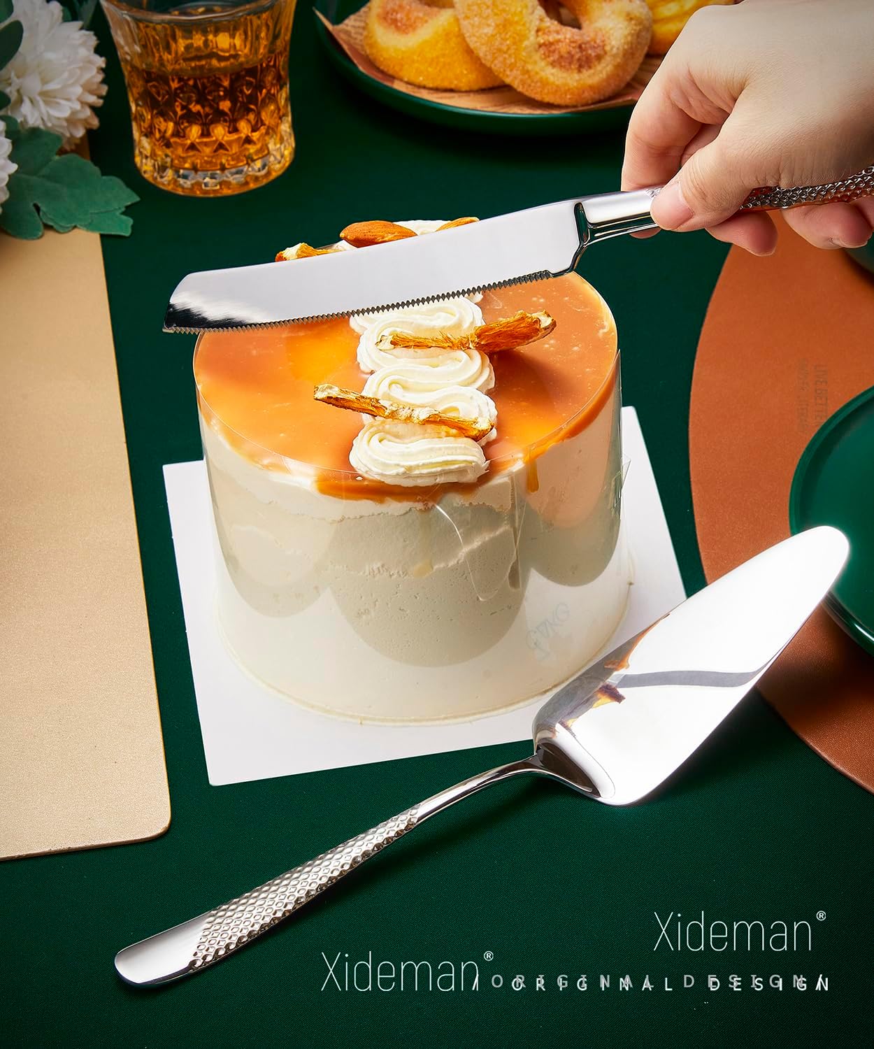 Xideman® 7-Piece Hammered 18/10 Stainless Steel Silverware Serving Utensil Set - Hostess Flatware with Cake Knife & Cake Server (Champagne Gold)