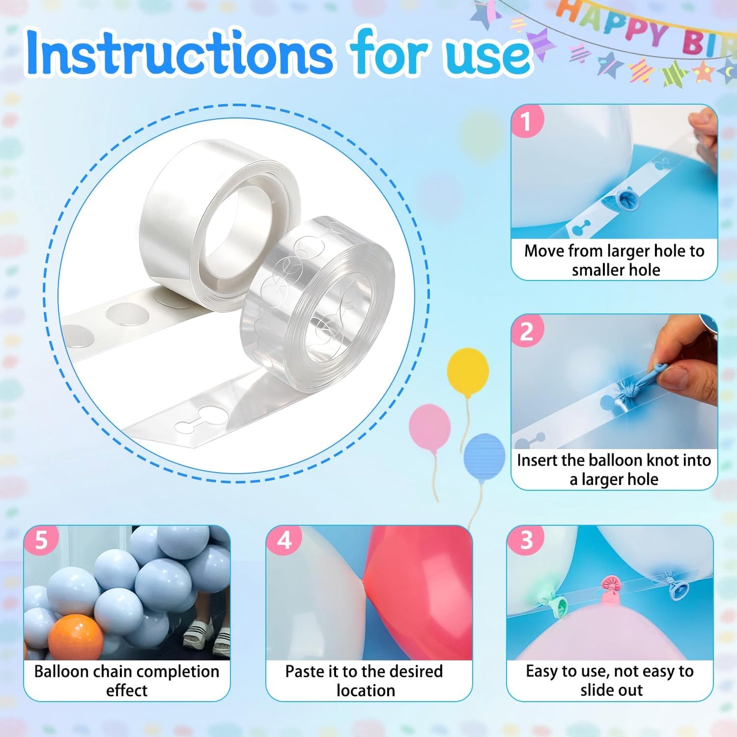 QIPUMP Balloon Arch Garland Kit,98.5ft Balloon Tape Strips&600 Glue Point Dot,Balloon Arch Strip Kit with 6pcs Hook and Ribbon(6) for Arch Kit Birthday Gender Reveal Party Wedding Decorations