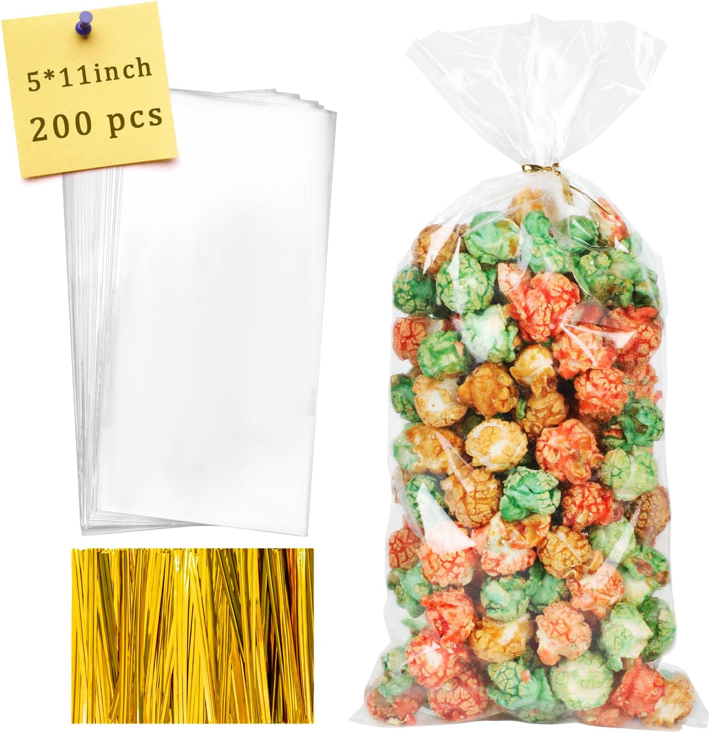 Labeol 200pcs Cellophane Bags 5x11 Treat Bags with Ties Clear Gift Candy Cookie for Packaging Party Favor Halloween Christmas Gift Wrapping