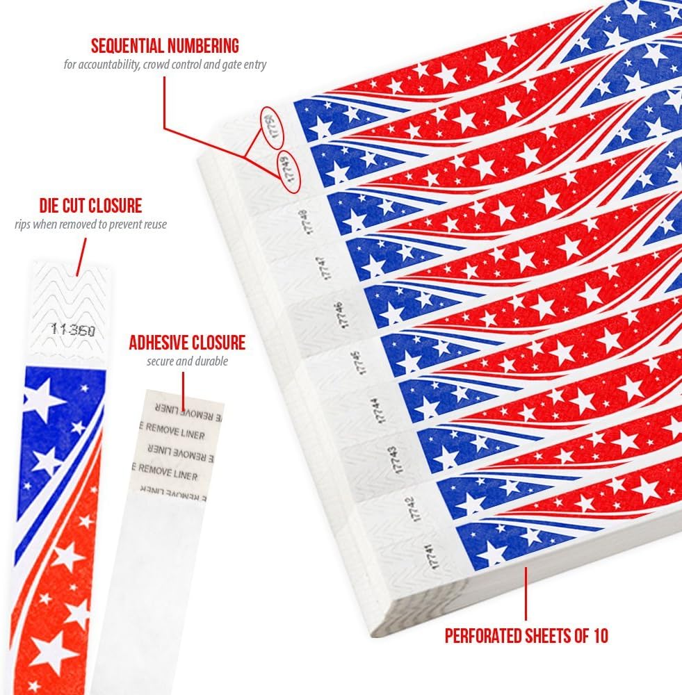 500 WristCo Red Stars Tyvek Wristbands for Events - Comfortable Tear Resistant Paper Bracelets ID Wrist Bands for Concerts Festivals Admission Party Identification Tours