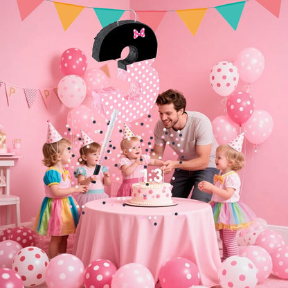 15.7 x 11.5 x 3 Inch Pink Bow Number 2 Pinata,Pink Bow Birthday Decorations, Fillable Hanging Piñata with Stick Blindfold Confetti for Girls Boys 2nd Anniversary Party Decorations