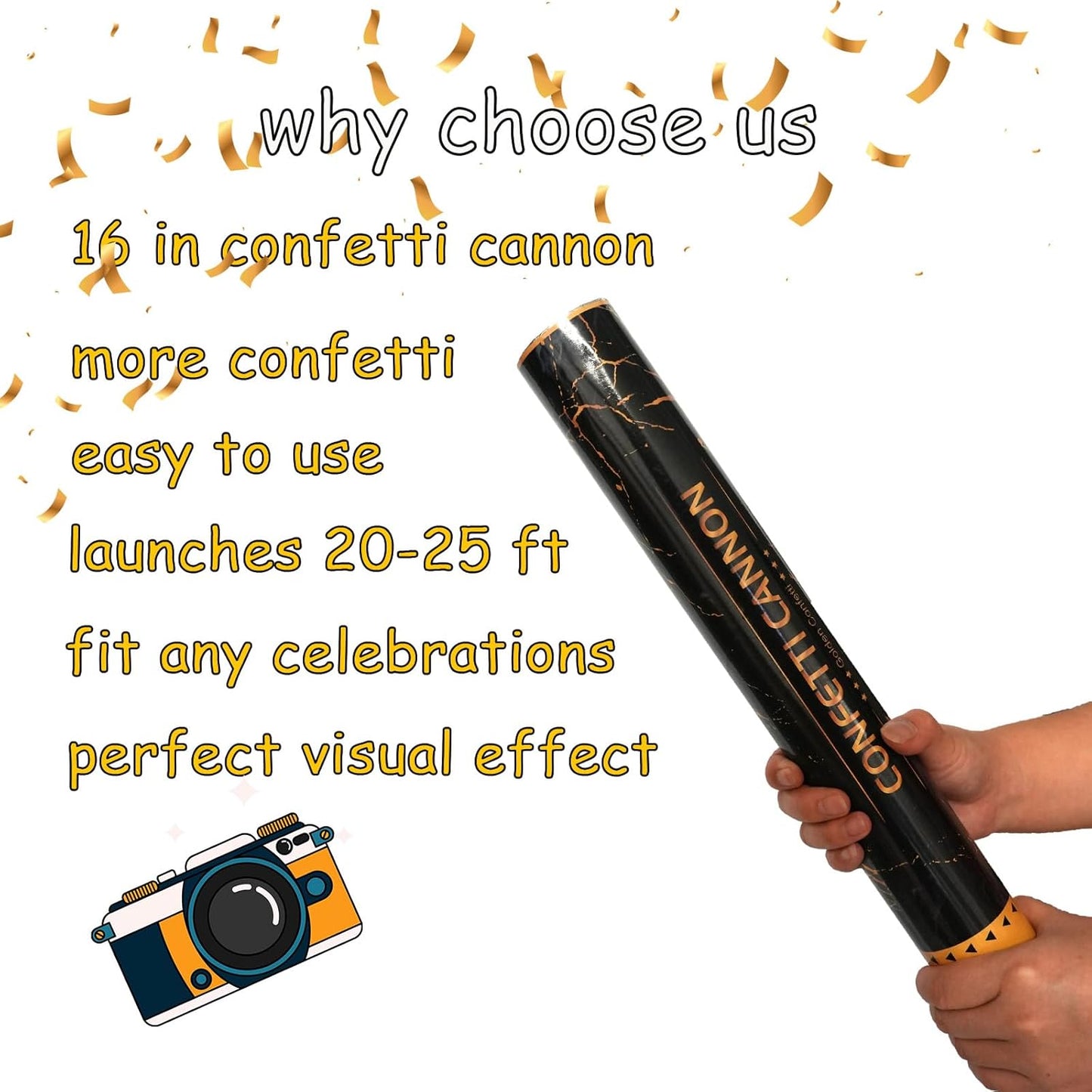 16 Inch [6 Pack] Golden Confetti Cannon Party Poppers Party Supplies, Air Powered | Launches 20-25ft | Celebrations,Graduation ceremony,4th of July,World Cup 2026,Wedding,Birthday (golden)