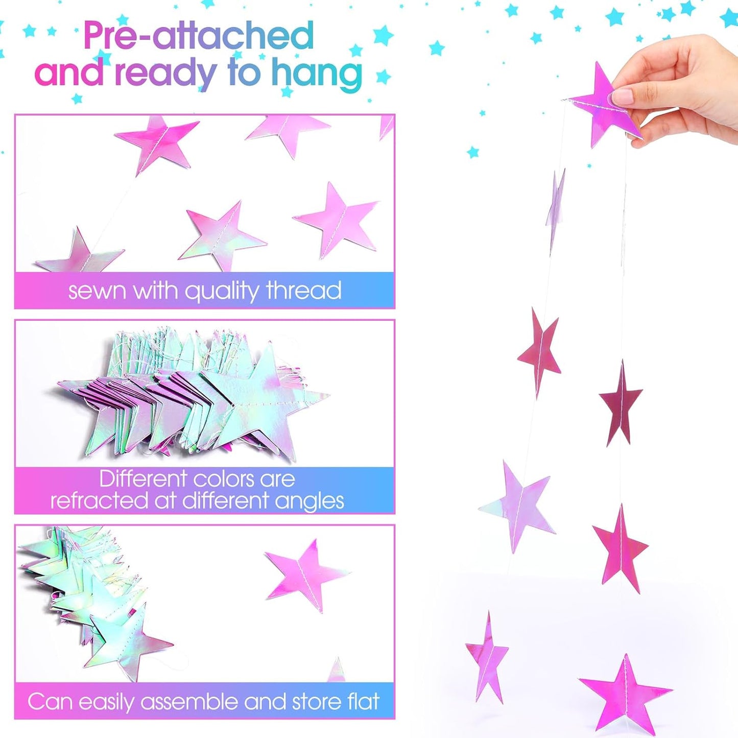 Patelai Glitter Star Garland Banner 2026 Graduation Decor 130 Feet Star Hanging Banner Twinkle Backdrop for Party Birthday Classroom Wedding Supplies(Gold)